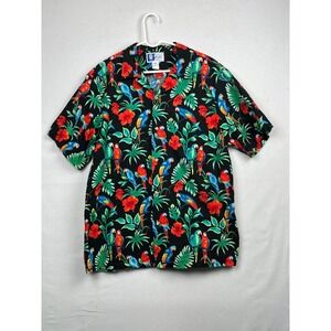 Styled by RJC Hawaiian Shirt Mens XL Parrot Floral Tropical Black Made in USA